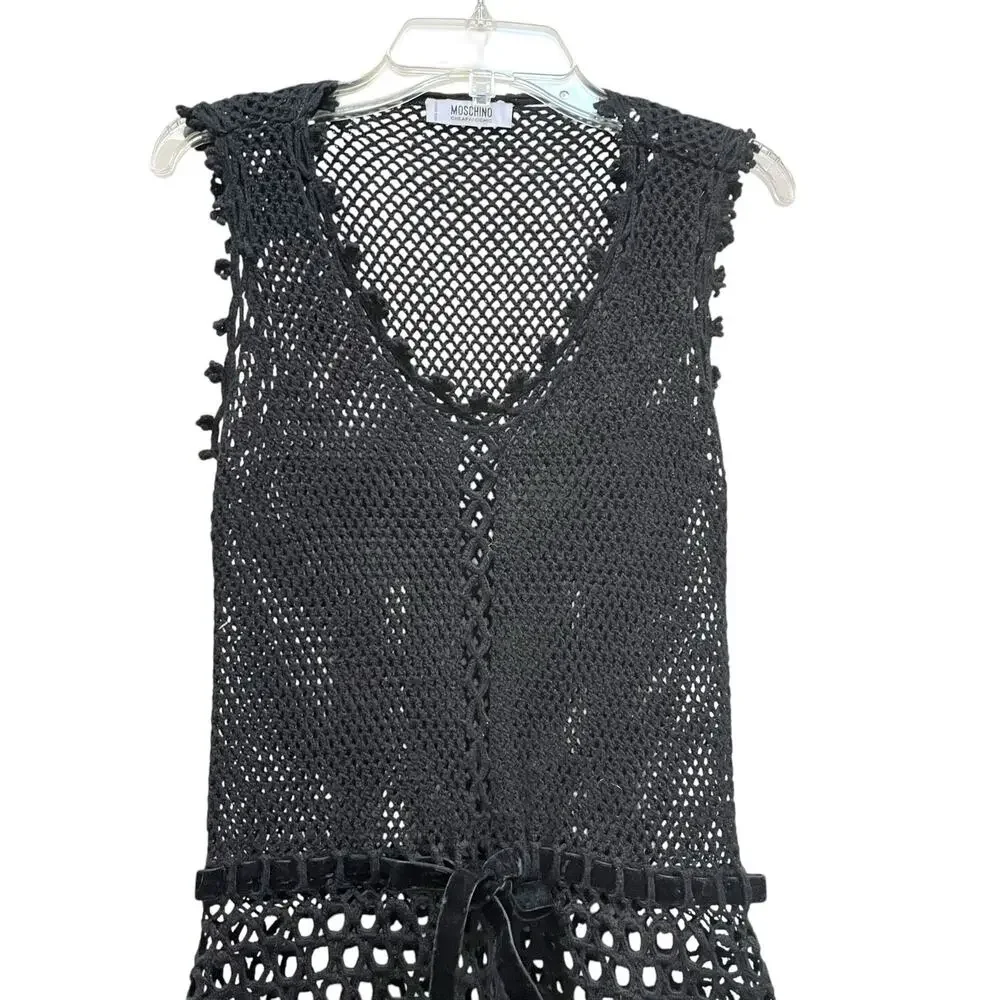 Moschino Cheap & Chic 90s Black Sheer Crochet Sleeveless Scoop Neck A-Line Dress